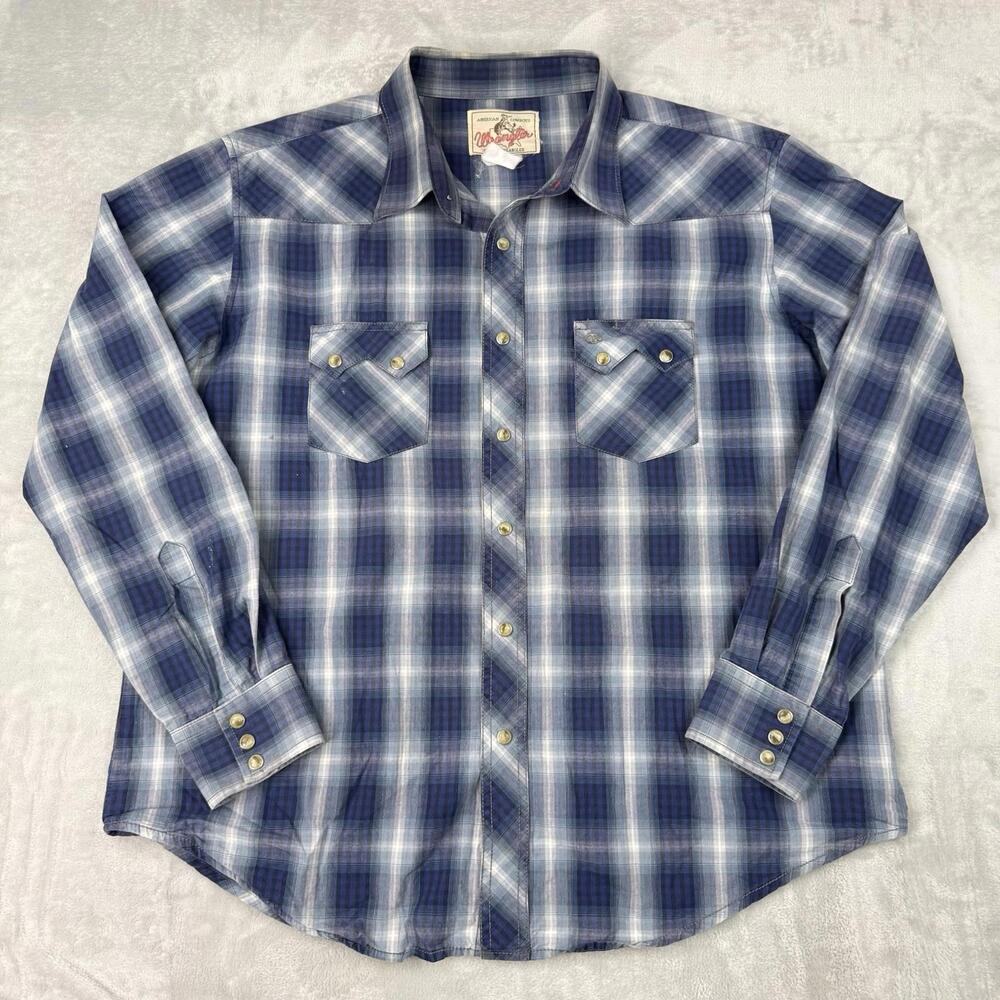 Vintage Wrangler Western Plaid Snap Button Shirt Blue Cowboy Workwear Men Size L - Picture 1 of 9